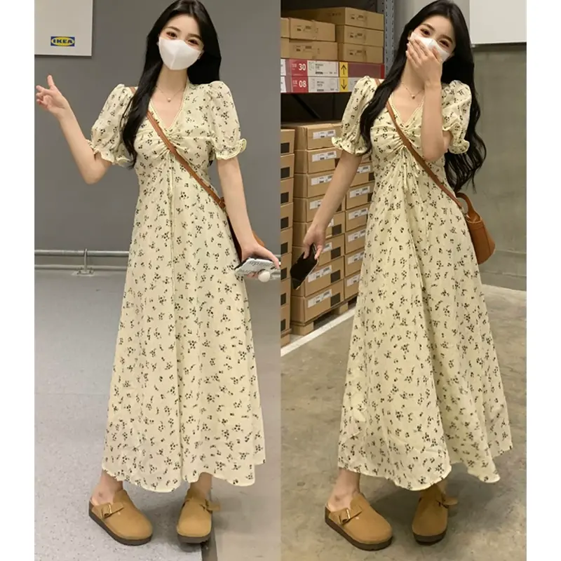 Plus size women's chiffon V-neck floral dress women's summer new fat mm slimming belly-covering a-line skirt long skirt