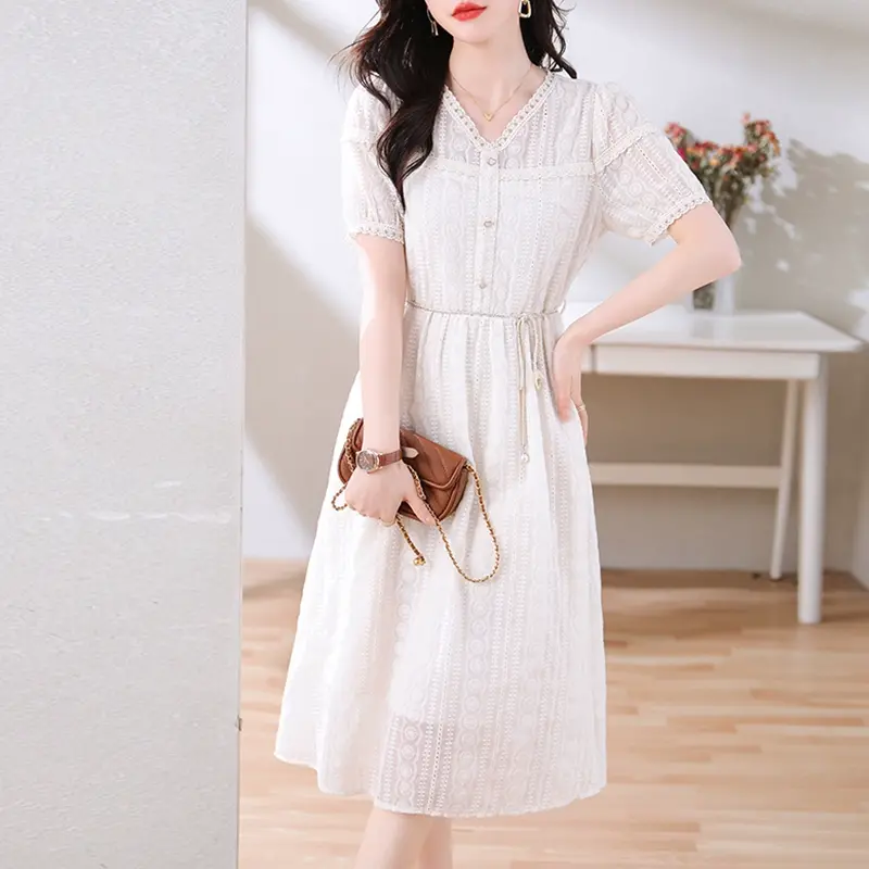 New V-neck beige dress for women 2023 spring and summer new style artistic waist slimming mid-length lace skirt