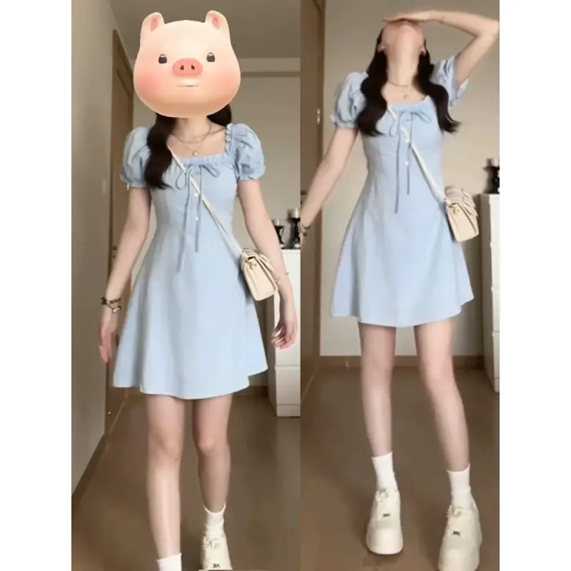French square collar temperament blue puff sleeve dress women's 2024 new summer small waist skirt