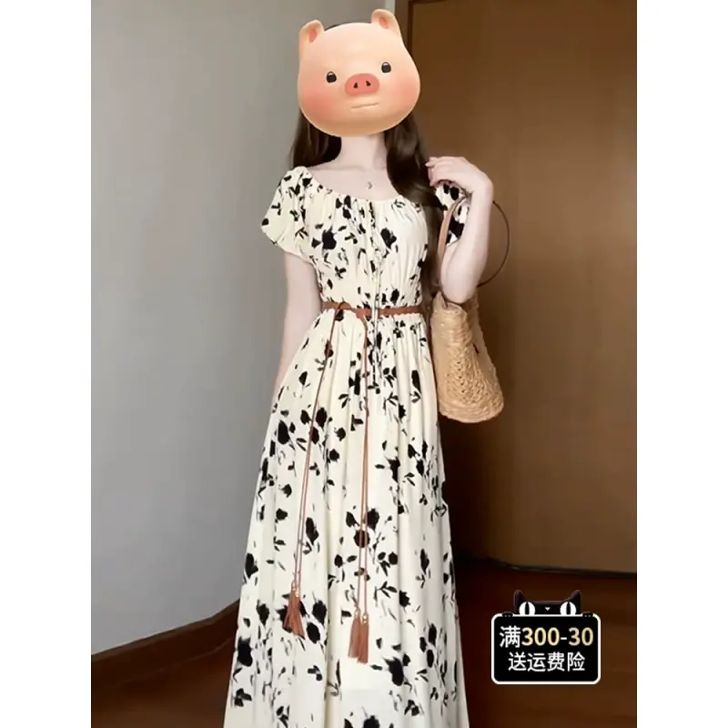 New Chinese style retro floral dress for women summer 2024 new high-end exquisite tea break French style long dress