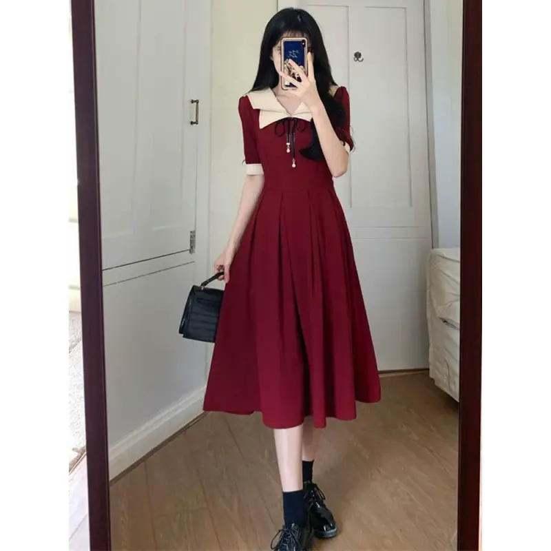Slightly chubby mm, college style waist dress, summer plus size, age-reducing, slimming mid-length skirt, pear-shaped chic design